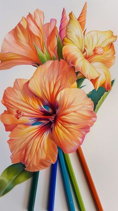 colored pencils are next to a drawing of flowers