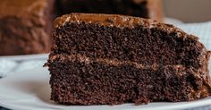 a slice of chocolate cake on a white plate