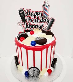 a birthday cake with red, white and blue decorations