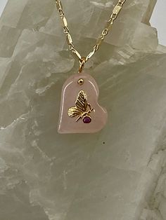 - 14K gold plated Butterfly CZ on Rose Quartz heart celestial charm - 1.8mm gold filled 16" or 18" mirror chain Pink Gold Plated Necklace For Anniversary, Gold Rose Quartz Pendant Jewelry, Gold Pendant With Rose Quartz, Gold Rose Quartz Jewelry Gift, Pink Gold Rose Quartz Jewelry For Gift, Heart-shaped Rose Gold 14k Gold-filled Necklace, Heart-shaped Rose Gold Necklace 14k Gold Filled, Heart-shaped 14k Rose Gold Filled Necklace, Rose Gold Heart Necklace In 14k Gold Filled