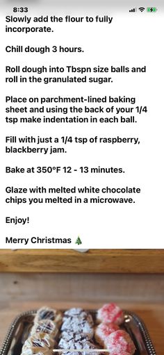 a recipe for christmas cookies on a tray