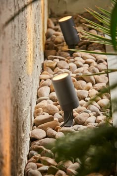 two lights that are on some rocks in the grass and plants next to each other