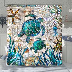 a shower curtain with sea turtles and starfishs on the glass mosaic tile wall