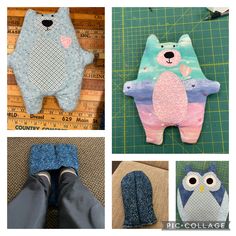 several pictures of stuffed animals made from cloths and fabric, including one with an owl on it