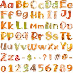 the letters and numbers are made up of different shapes, sizes and colors on white background