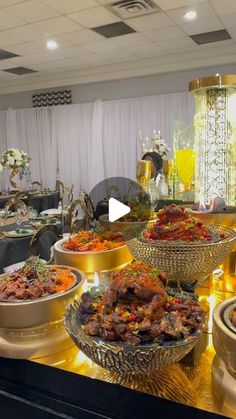 the buffet is full of many different types of food and dishes on display in bowls