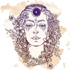 a drawing of a woman's face with flowers on her head and the moon above her head