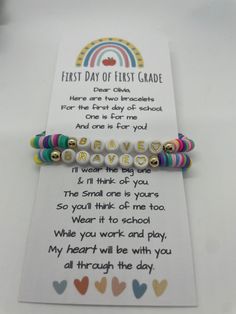 the first day of first grade bracelets are shown on top of a bookmark