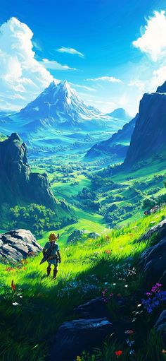 the legend of zeolit is shown in this anime scene with mountains and grass