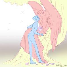 a drawing of an angel hugging a man