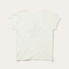 With easy style and maximum comfort, our graphic tees are made from airy 100% cotton and screen-printed with custom signature graphics. This vintage-inspired white tee has been gently distressed and garment washed, giving it the perfect worn-in look and feel. It features slight drop shoulders, raw edge short sleeves and a transparent charcoal-colored bucking cowgirl print. Distressed Crew Neck And Hemline Slight Drop Shoulders Raw Edge Short Sleeves Garment Washed For A Soft Hand Transparent Scr Distressed White Short Sleeve T-shirt, Vintage Acid Wash Tops For Everyday Wear, White Distressed Short Sleeve T-shirt, Faded Distressed T-shirt For Everyday, Everyday Faded Distressed T-shirt, White Washed T-shirt For Everyday, White Washed Graphic Tee, Vintage Screen Print Organic Cotton Tops, White Organic Cotton Tops With Screen Print