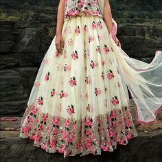 New Floral Net Fancy Party Wear Dress Size Small. Blouse Stitched 3/4th Sleeves. Summer Party Gown With Floral Embroidery, Traditional Spring Party Gown, Pink Party Dress With Floral Embroidery, Traditional Cream Gown For Party, Cream Embellished Party Lehenga, Party Embellished Cream Lehenga, Cream Party Gown For Summer, White Dresses For Spring Reception, Cream Summer Party Gown