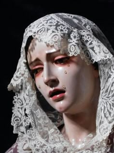 a mannequin wearing a white veil and headpiece with lace on it's face