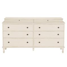 a white dresser with drawers and knobs on the bottom drawer, against a white background