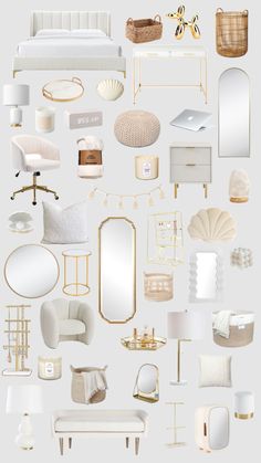 an assortment of white and gold furniture, including a bed, chair, desk, mirror, lamp, table