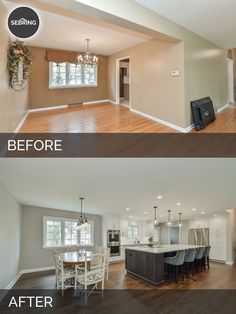 before and after pictures of a new home's kitchen, dining room and living room