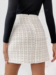 Type:A Line \nDetails:Button \nDetails:Double Button \nStyle:Elegant \nDetails:Zipper \nColor:Black \nPattern Type:Plain \nWaist Line:Ultra High Waist \nLength:Short \nFit Type:Regular Fit \nFabric:Non-Stretch \nMaterial:Woven Fabric \nComposition:100% Polyester \nCare Instructions:Hand wash,do not dry clean \nSheer:No \n Beige Plaid Skirt, Pink Leather Skirt, Mini Skirt Pink, Skirt Preppy, Preppy Skirt, Gingham Fashion, Beige Plaid, Women Skirts, Tweed Skirt