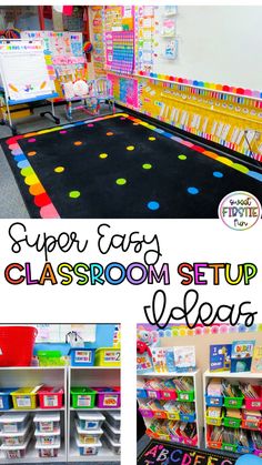 classroom setup ideas for the classroom with lots of books and toys on display in bins