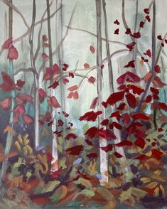 an oil painting of red leaves in the woods