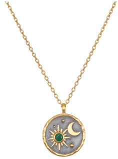 A celestial night sky shines in 18kt gold plate against a gunmetal background, creating a meaningful pendant necklace. An emerald accent, May's birthstone, symbolizes wisdom, abundance and mercy. Set on a 16" chain, this birthstone necklace has an extender finished with a sparkling gold star for added length and delicate detail. As the celestial bodies navigate the sky, they serve as a compass by which we map our dreams: heavenly symbols of guidance, direction, and inspiration. Emerald is the st Heavenly Symbols, Colorado Outfits, A Compass, Jewelry Fashion Trends, Emerald Necklace, Cute Necklace, Us Map, Delicate Details, Gold Star