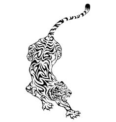 a tiger jumping up into the air with its tail extended and it's head down