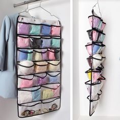 two pictures side by side, one has a hanging shoe rack and the other has several pairs of shoes