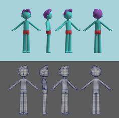 an animation character is shown in three different poses, including the head and hands on top of