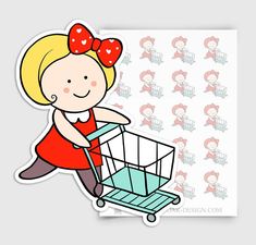 This sheet features 20 stickers of Little Ruby going grocery shopping in your choice of 5 hair colors. This sticker can also be found on sheet GRL-002 with additional designs. • 5 hair colors to choose from • Matte paper with permanent adhesive • Each sheet is 4.75 high x 3.5 wide • Please view all Planner Clips