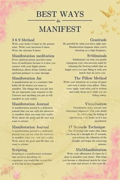 the best ways to manifest poster is shown in pink and gold colors with butterflies