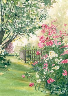 a painting of pink and white flowers in a garden by a fence with green grass