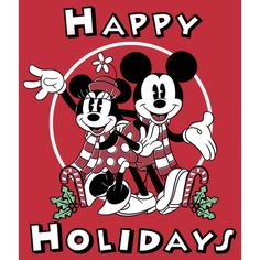 two mickey and minnie mouses hugging each other with the words happy holidays on it