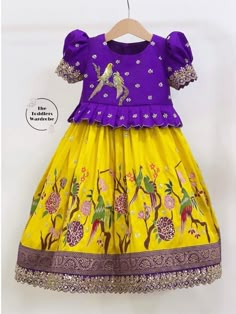 Kids Pattu Langa Blouse Designs Maggam Work, Mangalagiri Pattu Sarees Blouse Designs, Langa Jacket For Kids Pattu, Langa Designs, Traditional Baby Dresses, Traditional Baby Clothes, Pattu Langa, Kids Dress Collection