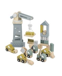 wooden construction toys are arranged on a white background