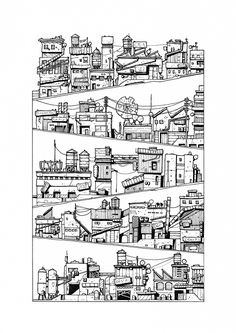 a black and white drawing of buildings on a paper with the words, cityscape