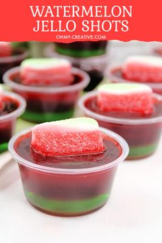 watermelon jello shots in plastic cups with text overlay