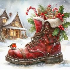 Images Noêl Vintages, Christmas Boots, Christmas Scenery, Christmas Card Art, Christmas Card Crafts, Christmas Wonderland, Christmas Cartoons, Christmas Drawing, Christmas Paintings