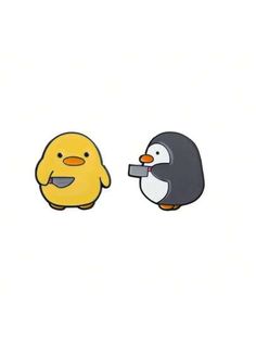 two cartoon penguins are facing each other and one penguin has an egg in it's mouth