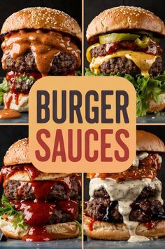 burger sauces with cheese, lettuce and tomato on the top are shown