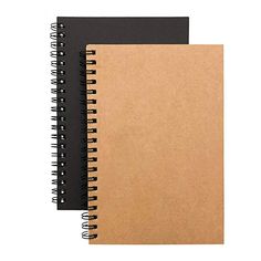 two spiral bound notebooks, one black and the other brown are lined with paper