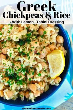 greek chickpeas and rice with lemon - tahitii dressing in a blue bowl