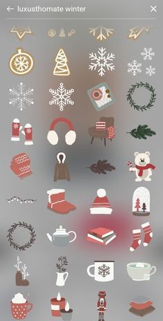 a bunch of different items that are on a gray surface with snowflakes and christmas decorations