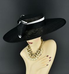 Note: The design of this hat, particularly the shallower crown, was crafted to create a unique aesthetic that suits some individuals perfectly. However, if you notice that the hat tends to slip, I would advise attaching an elastic strap to ensure a more secure and comfortable fit. ✿*.Key Features.*✿ This is a wide flat brim hat!! It's made of sinamay (3 layers ) and satin.  A nice sinamay bow is trimmed with satin ribbon too, very cool, one of my favorite hats! High quality. It's more beautiful in person! Great for Kentucky derby, weddings, church, Easter, Royal Ascot, horse races, cocktails, tea party, or any hat wearing occasion. Hat base size: From front to back: 19" (48cm) From left to right: 18.25" (46cm) Wide brim appr: 6" (15cm) Crown Depth: 3.5" (9cm) Hat girth: 21" (53.34cm). It f Formal Sinamay Brimmed Boater Hat, Sinamay Fascinator, Easter Hat, Royal Ascot Hats, Easter Hats, Ascot Hats, Flat Brim Hat, Hat Wedding, A Hat In Time