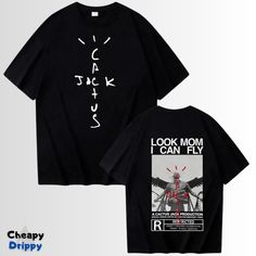 a black t - shirt with the words look mom i can fly on it and an image of a bird