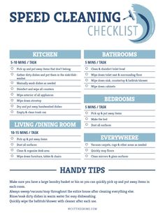 a blue and white poster with the words speed cleaning checklist