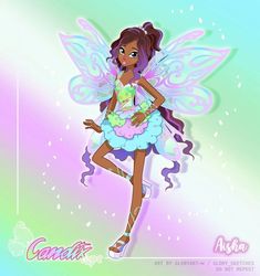 a cartoon fairy with purple hair and green eyes is standing in front of a rainbow background