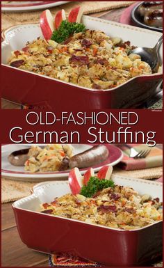 old - fashioned german stuffing in a red casserole dish