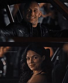 a man and woman sitting in the back seat of a car, smiling at each other