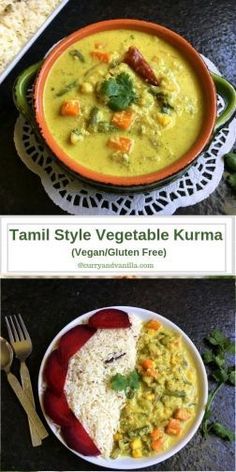 two pictures with different types of food in them and the words tami style vegetable kurma