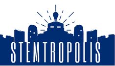 the logo for stemtropolis, which is located in front of a cityscape