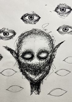 a drawing of an alien head surrounded by eyes